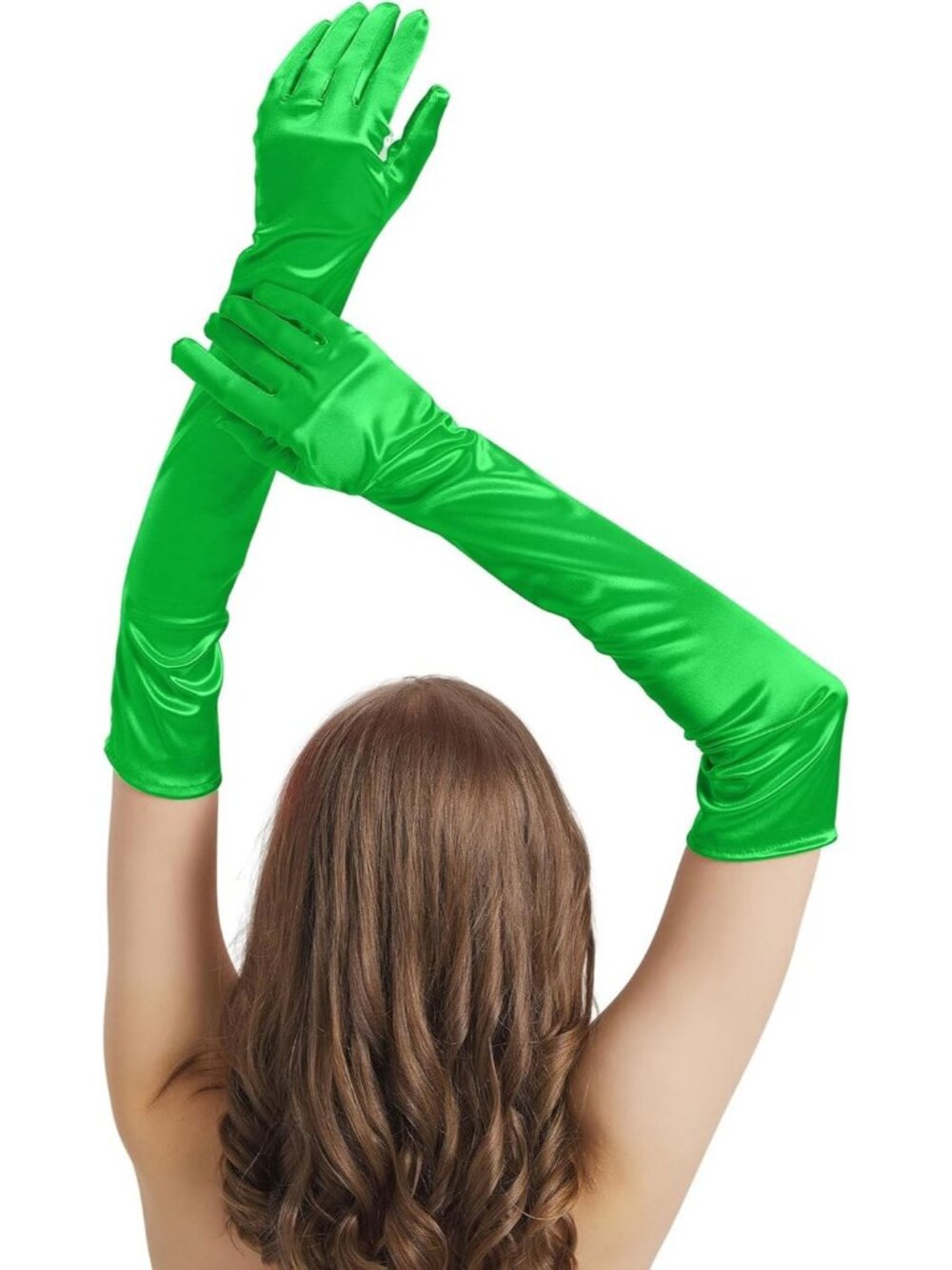 Women's Bright Green Satin Opera Elbow Length 1920s Flapper Long Gloves Party